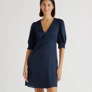 Quince Women's Washable Stretch Silk Puff Sleeve Navy Mini Dress Sz Small
